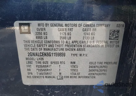 2016 Chevrolet Equinox Lt from USA, damaged, VIN 2GNALCEK6G1159859